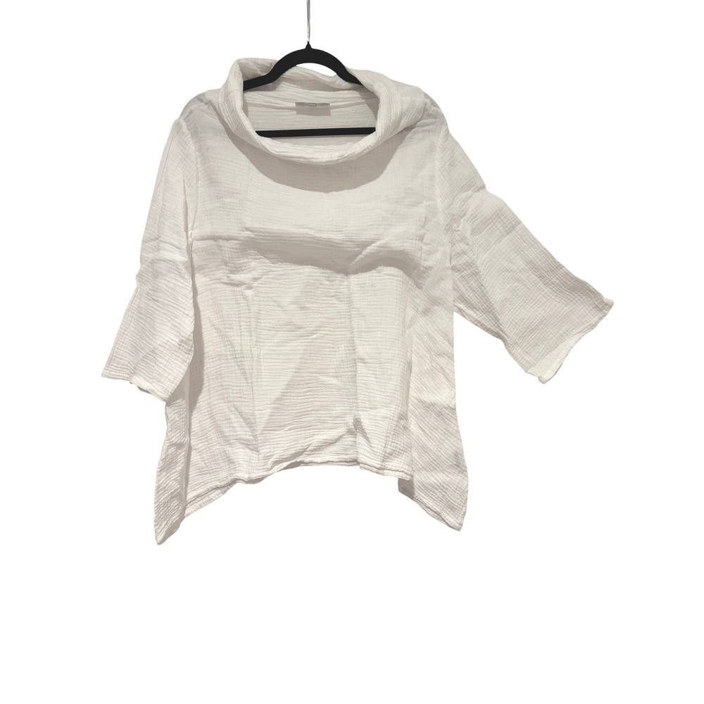 Bryn Walker sz L boho cotton crinkle white gauze cowl neck 3/4 sleeve blouse O